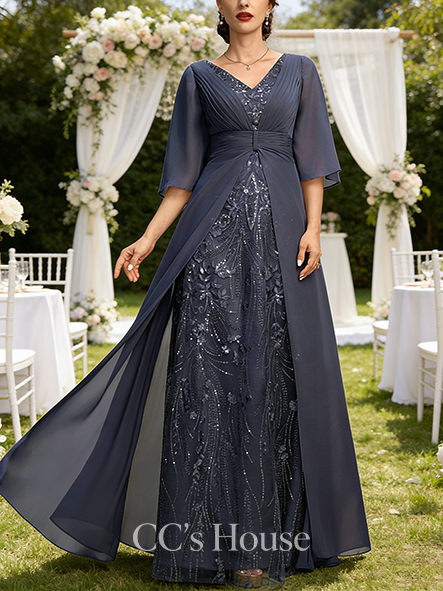 A-line Wedding Guest Dress Refined V-Neck Floor-Length Lace Chiffon Mother of the Bride Dress With Pleated