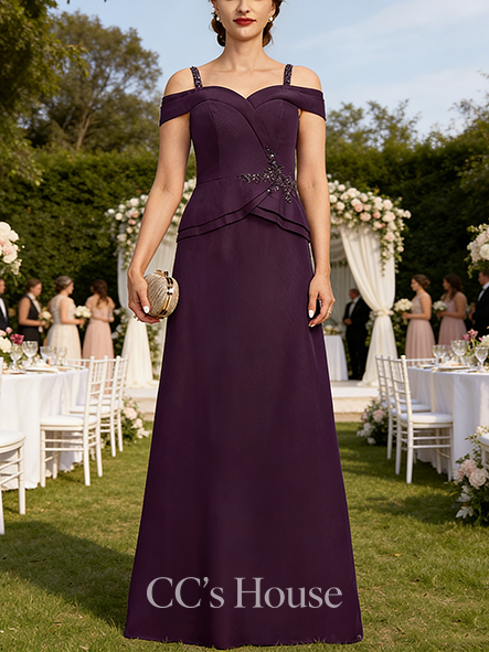 A-line Wedding Guest Dress Polished Cold Shoulder Floor-Length Chiffon Mother of the Bride Dress With Beading Sequins