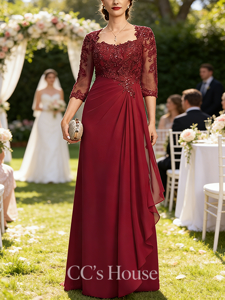 A-line Wedding Guest Dress Ethereal Queen Anne Floor-Length Lace Chiffon Mother of the Bride Dress With Cascading Ruffles Sequins