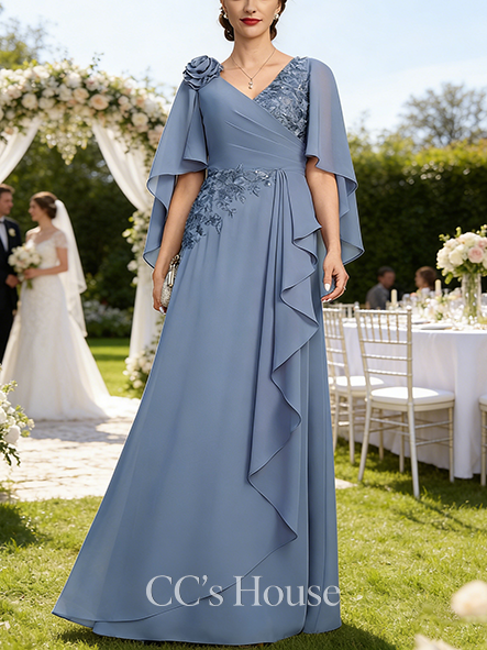 A-line Wedding Guest Dress Regal V-Neck Floor-Length Lace Chiffon Mother of the Bride Dress With Cape 3D Floral Sequins Cascading Ruffles