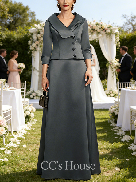 A-line Wedding Guest Dress Sleek Separates V-Neck Collared Floor-Length Satin Mother of the Bride Dress