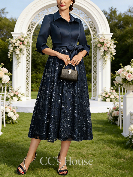 A-line Wedding Guest Dress Timeless Collared V-Neck Tea-Length Satin Lace Sequin Mother of the Bride Dress With Bow
