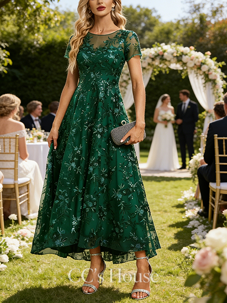 A-line Wedding Guest Dress Luxe Scoop Illusion Asymmetrical Sequin Lace Evening Dress