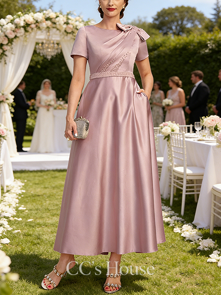 A-line Wedding Guest Dress Vintage Boat Neck Ankle-Length Satin Mother of the Bride Dress With Bow Pleated Beading