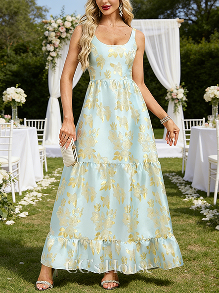 A-line Wedding Guest Dress Elegant Scoop Floor-Length Jacquard Evening Dress With Floral Print