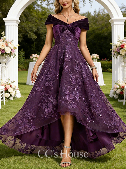 A-line Wedding Guest Dress Sophisticated Off the Shoulder Asymmetrical Velvet Lace Evening Dress With Pleated Sequins