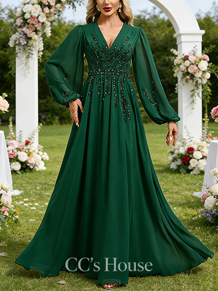 A-line Wedding Guest Dress Exquisite V-Neck Floor-Length Chiffon Evening Dress With Pleated Sequins Beading