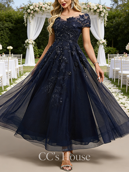 A-line Wedding Guest Dress Classy Scoop Illusion Ankle-Length Tulle Lace Evening Dress With Sequins