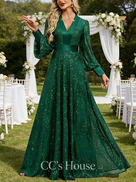 A-line Wedding Guest Dress Delicate V-Neck Floor-Length Sequin Satin Evening Dress