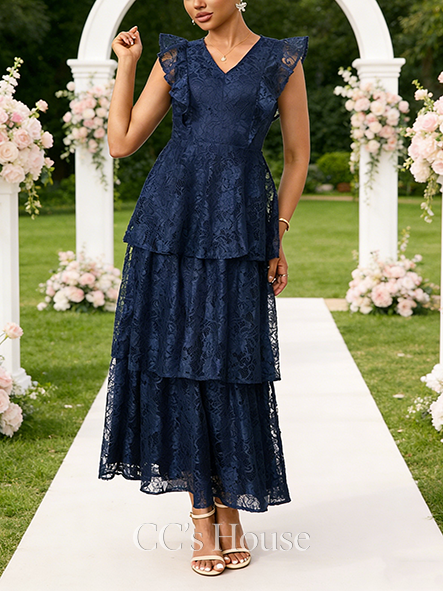 Cascading Ruffles V-Neck Sleeveless A-line Wedding Guest Dress Regal Lace Maxi Dress