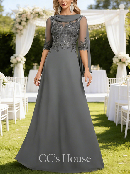 A-line Wedding Guest Dress Polished Scoop Floor-Length Lace Chiffon Mother of the Bride Dress With Sequins Pleated