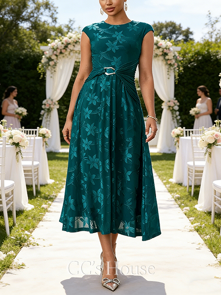 Jacquard Scoop Cap Sleeve A-line Wedding Guest Dress Majestic Spandex Midi Dress
