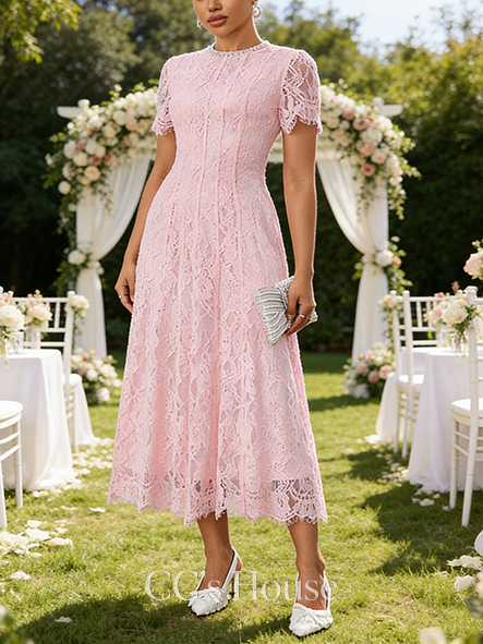 Rhinestone Sequins Scoop Short Sleeve A-line Wedding Guest Dress Timeless Lace Midi Dress