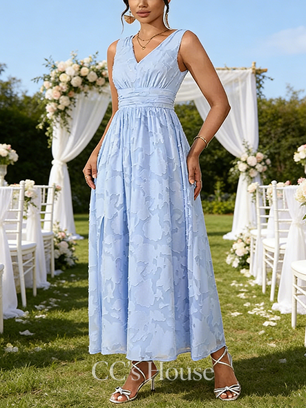 Jacquard V-Neck Sleeveless A-line Wedding Guest Dress Modern Chiffon Maxi Dress