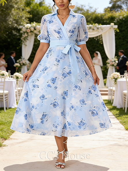 Floral Print Collared Short Sleeve A-line Wedding Guest Dress Vintage Printed Fabric Midi Dress