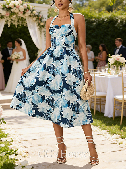 Floral Print Halter Sleeveless A-line Wedding Guest Dress Elegant Printed Fabric Midi Dress