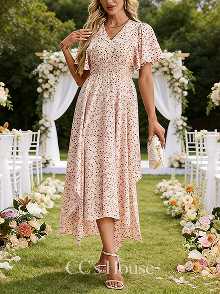 Floral Print Smocked V-Neck Short Sleeve A-line Wedding Guest Dress Gorgeous Printed Fabric Asymmetrical Maxi Dress