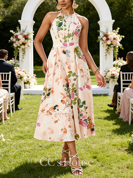 Floral Print Halter Sleeveless A-line Wedding Guest Dress Chic Printed Fabric Midi Dress