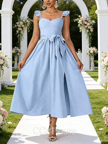 Smocked Sweetheart Sleeveless A-line Wedding Guest Dress Feminine Cotton Blends Maxi Dress