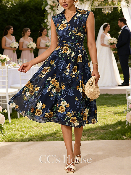 Floral Print Collared Sleeveless A-line Wedding Guest Dress Glamorous Chiffon Midi Dress