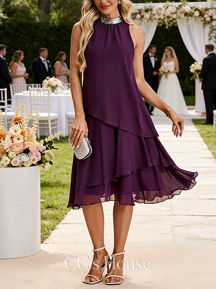 Cascading Ruffles Sequins High Neck Sleeveless A-line Wedding Guest Dress Delicate Chiffon Midi Dress