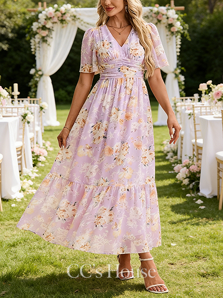 Pleated Floral Print V-Neck Short Sleeve A-line Wedding Guest Dress Refined Chiffon Maxi Dress