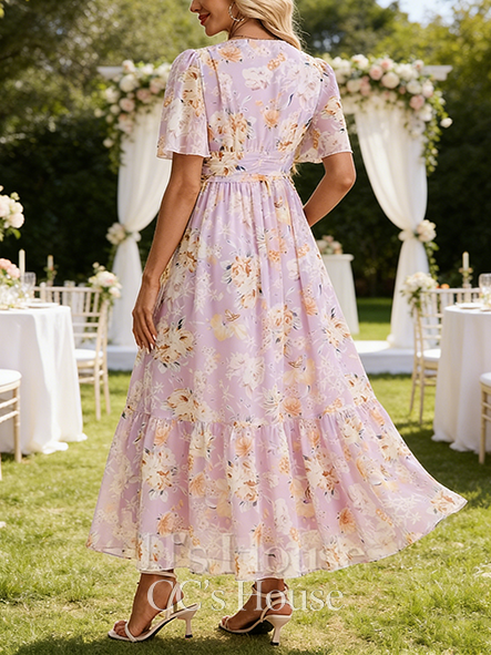 Pleated Floral Print V-Neck Short Sleeve A-line Wedding Guest Dress Refined Chiffon Maxi Dress