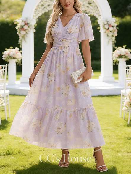 Pleated Floral Print V-Neck Short Sleeve A-line Wedding Guest Dress Refined Chiffon Maxi Dress