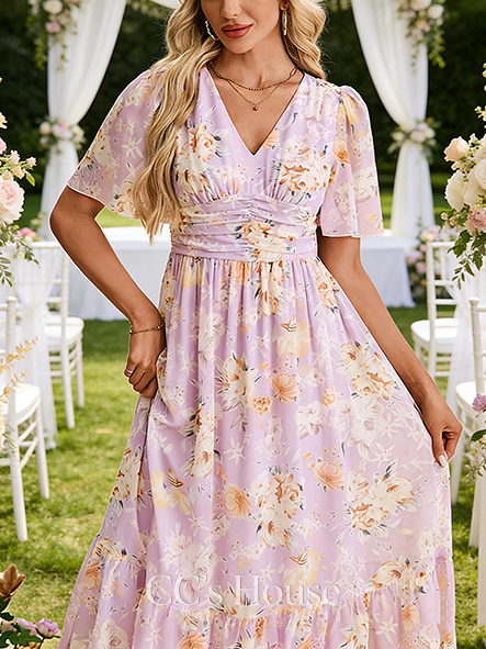 Pleated Floral Print V-Neck Short Sleeve A-line Wedding Guest Dress Refined Chiffon Maxi Dress