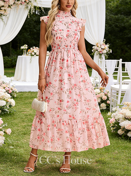 Floral Print Smocked High Neck Flutter Sleeve A-line Wedding Guest Dress Dainty Chiffon Maxi Dress
