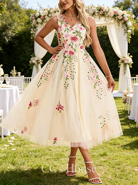 V-Neck Illusion Sleeveless A-line Wedding Guest Dress Polished Tulle Midi Dress