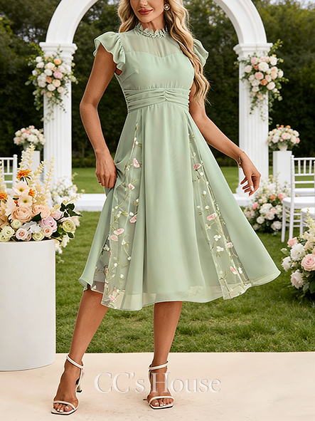 Embroidered High Neck Short Sleeve Flutter Sleeve A-line Wedding Guest Dress Majestic Chiffon Tulle Midi Dress