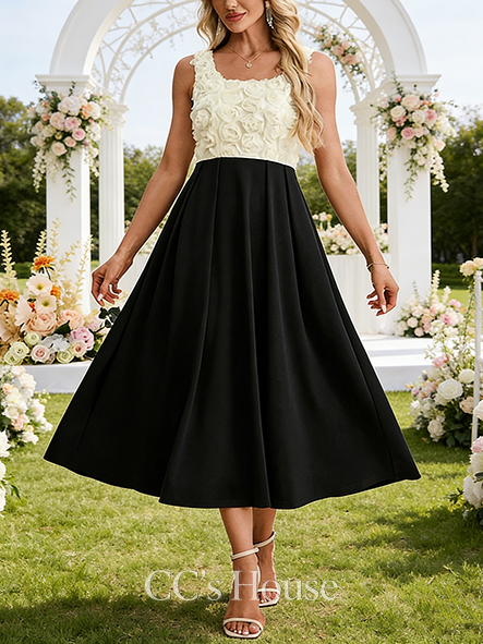 Jacquard Black and White Square Sleeveless A-line Wedding Guest Dress Opulent Tulle Stretch Crepe Midi Dress
