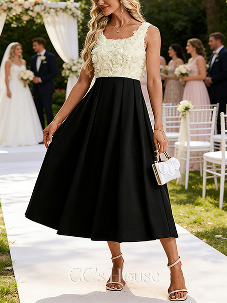 Jacquard Black and White Square Sleeveless A-line Wedding Guest Dress Opulent Tulle Stretch Crepe Midi Dress