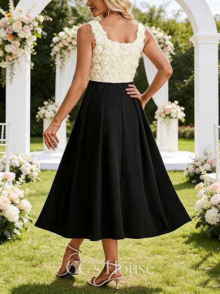 Jacquard Black and White Square Sleeveless A-line Wedding Guest Dress Opulent Tulle Stretch Crepe Midi Dress