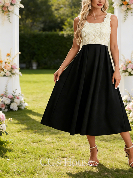 Jacquard Black and White Square Sleeveless A-line Wedding Guest Dress Opulent Tulle Stretch Crepe Midi Dress