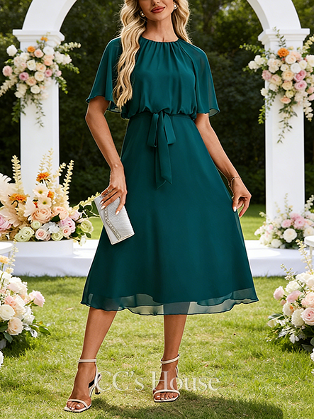 Scoop Short Sleeve A-line Wedding Guest Dress Sleek Chiffon Midi Dress
