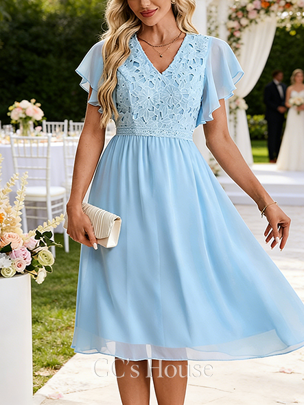 V-Neck Short Sleeve Flutter Sleeve A-line Wedding Guest Dress Modern Chiffon Lace Midi Dress
