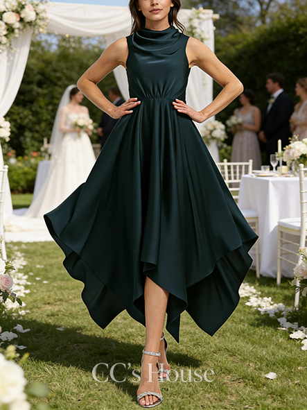 A-line Wedding Guest Dress Elegant High Neck Asymmetrical Matte Satin Bridesmaid Dress