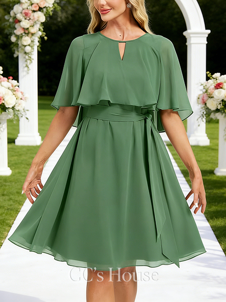 A-line Wedding Guest Dress Graceful Scoop Knee-Length Chiffon Bridesmaid Dress With Cape