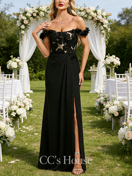 A-line Wedding Guest Dress Feminine Square Off the Shoulder Floor-Length Chiffon Lace Evening Dress With Beading 3D Floral