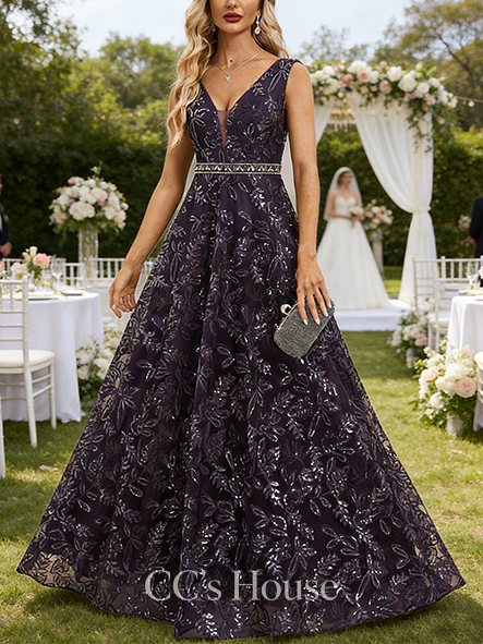 A-line Wedding Guest Dress Opulent V-Neck Floor-Length Lace Sequin Mother of the Bride Dress With Beading