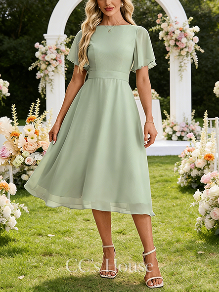 Boat Neck Short Sleeve A-line Wedding Guest Dress Classy Chiffon Midi Dress