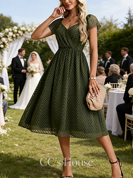 Jacquard V-Neck Short Sleeve A-line Wedding Guest Dress Dainty Chiffon Midi Dress
