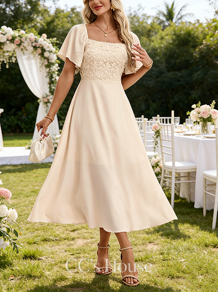 Square Short Sleeve A-line Wedding Guest Dress Regal Crepe Lace Midi Dress