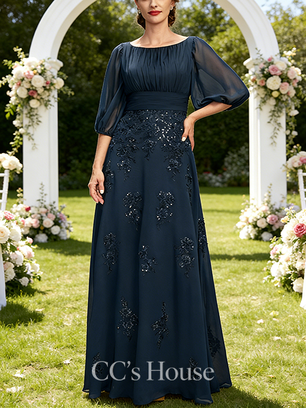 A-line Wedding Guest Dress Sleek Boat Neck Floor-Length Lace Chiffon Mother of the Bride Dress With Pleated Sequins