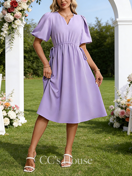 V-Neck Short Sleeve A-line Wedding Guest Dress Modern Stretch Crepe Midi Dress