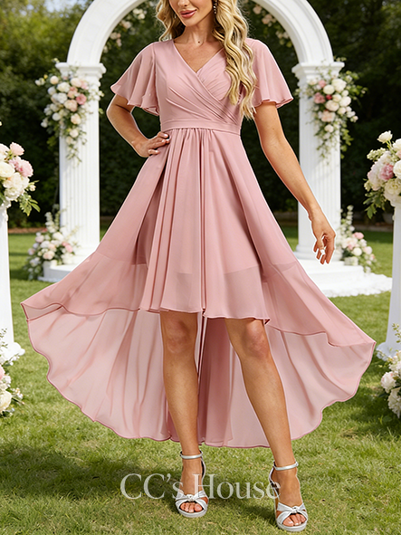 A-line Wedding Guest Dress Chic V-Neck Asymmetrical Chiffon Bridesmaid Dress