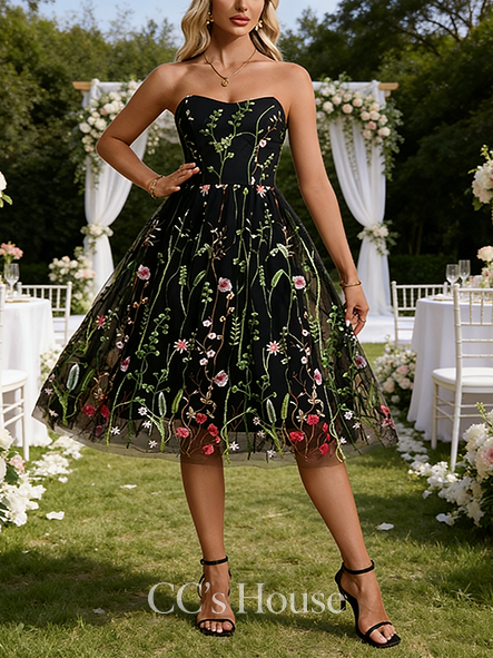 Embroidered Sweetheart Strapless A-line Wedding Guest Dress Sophisticated Tulle Midi Dress