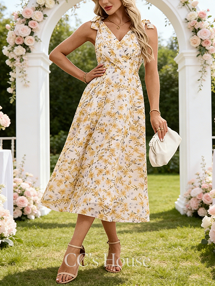 Bow Floral Print V-Neck Sleeveless A-line Wedding Guest Dress Classy Chiffon Midi Dress